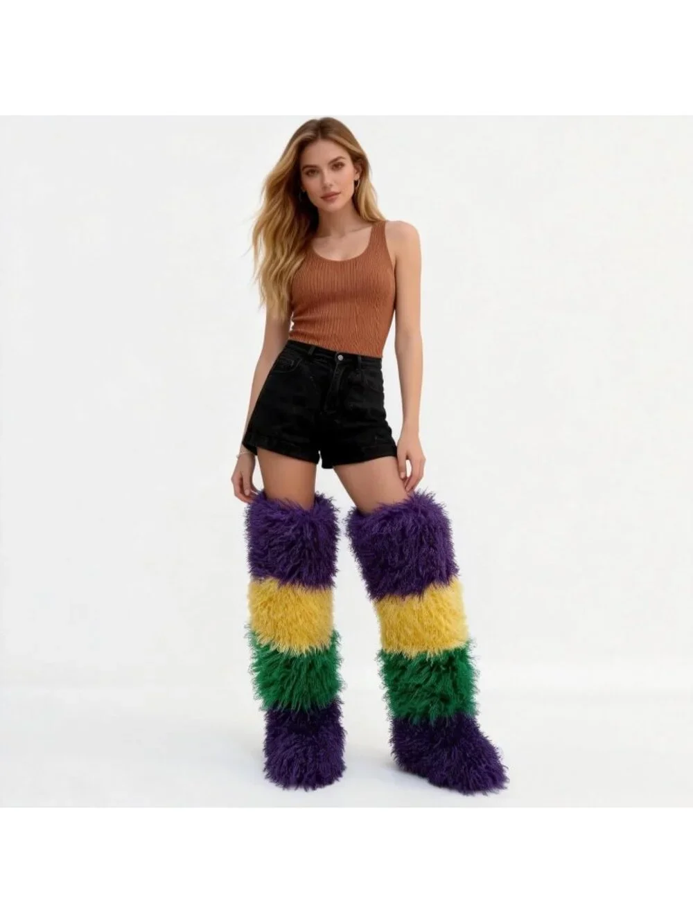 Women's Multi Color Round Toe Comfort Over The Knee Fluffy Fur Thigh High Boots